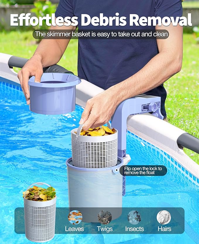 Newly Above Ground Pool Skimmer with Solar Digital Thermometer, Wall Mount Surface Skimmer with Adjustable Height Bracket, Auto Skimming for Pool Surface Floating Leaves & Debris-Lavender