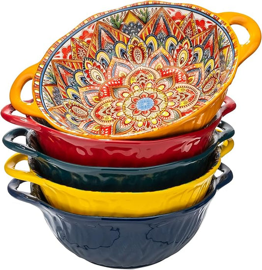 XKXKKE 5 Pack Boho Ceramic Serving Bowls with Handles, 40 Oz Porcelain Salad Bowls, Large Serving Dishes for Entertaining, Mixing Bowls for Soup, Stew, Pasta, Cereal, Colorful Embossed Cute Bowls Set