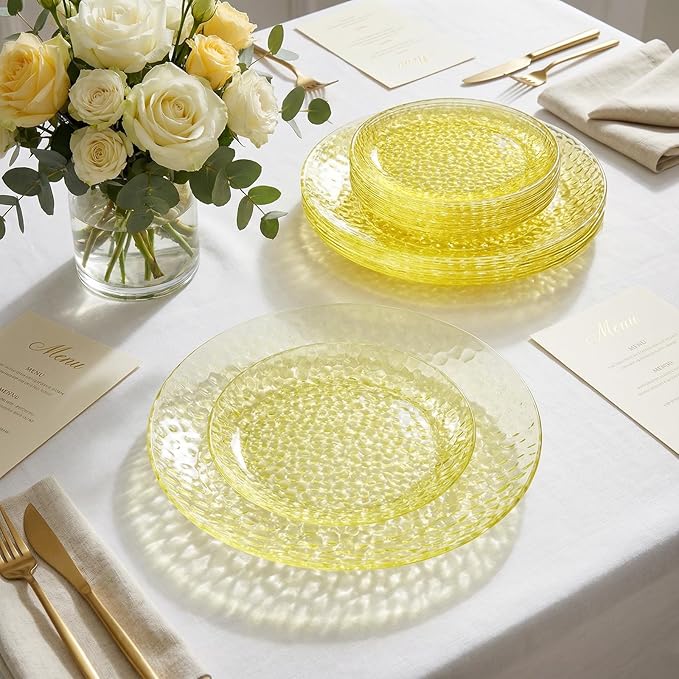 Rubtlamp 60 Pcs Yellow Plastic Plates, Hammered Heavy Duty Disposable Plates, Fancy Party Platos Include 30 Yellow Dinner Plate,30 Disposable Dessert Plate for Easter Daily Reception