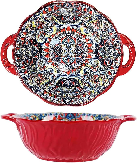2 Pack Boho Ceramic Serving Bowls with Handles, 40 Oz Porcelain Salad Bowls, Large Serving Dishes for Entertaining, Mixing Bowls for Soup, Stew, Pasta, Cereal, Colorful Embossed Cute Bowls Set SH