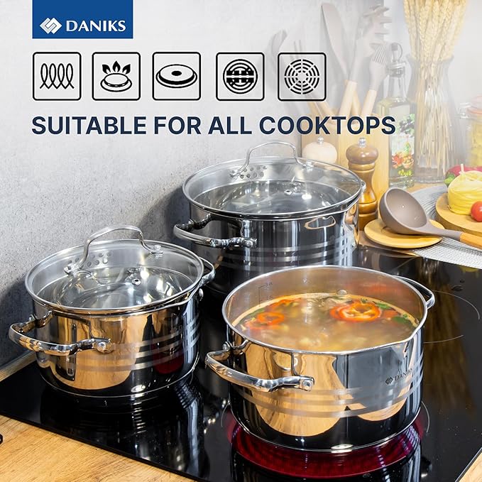 Daniks Tokio Stainless Steel Stock Pot 3 Quart, with Glass Strainer Lid, Induction Ready, Dishwasher Safe, Measuring Scale, Silver