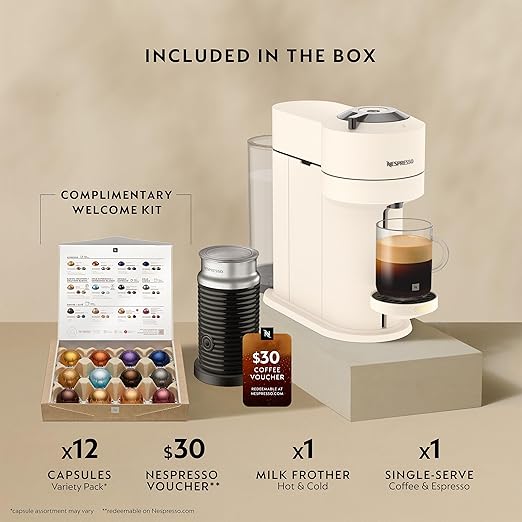Nespresso Vertuo Next Premium Coffee and Espresso Maker by Breville with Aeroccino Milk Frother, Creamy White Dark Chrome