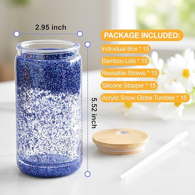 15 Pack Acrylic Snow Globe Tumbler with Bamboo Lids and Straws 16 oz Plastic Snowglobe Tumbler with Pre Drilled Hole Clear Double Wall Snowglobe Cups for Snow Globe Glitter DIY