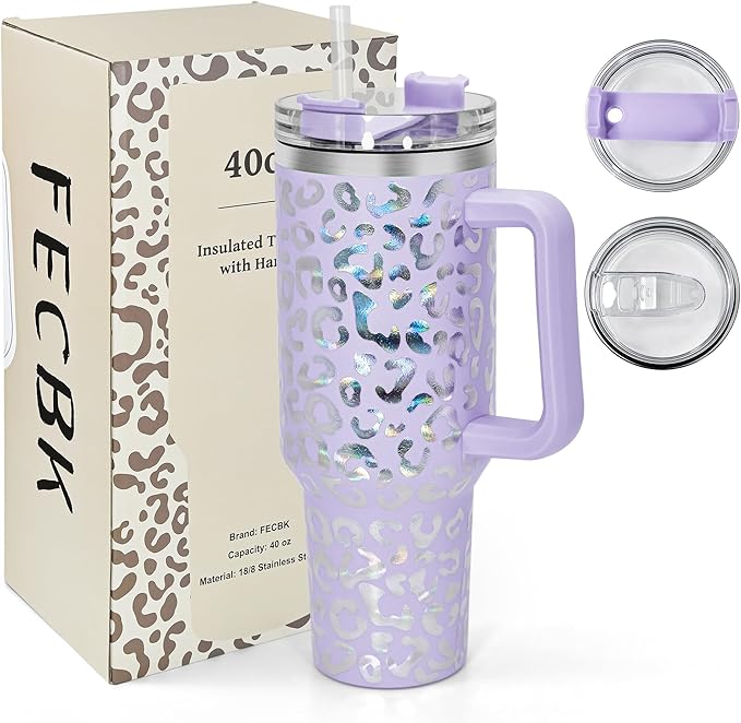 40 oz Tumbler with Handle and Straw, 100% Leak-Proof Travel Mug, Stainless Steel Double Wall Vacuum Insulated Coffee Cup Keeps Cold For 34 Hours, Dishwasher Safe, Lavender Leopard