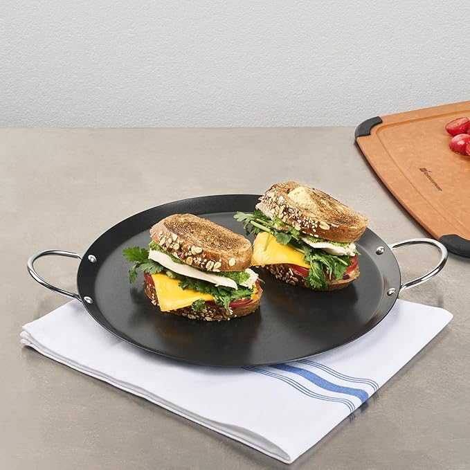 Restaurantware-Met Lux 11.06 Inch Round Griddles With Double Handles, 10 No-Stick Flat Top Grills - Compatible With Open Fire And Gas, Durable, Black Carbon Steel Griddle Pans, Even-Heating
