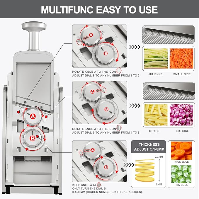 Safe Mandoline Food Slicer for Kitchen, Multifunctional Vegetable Chopper, Mandoline Potato Slicer with 35+ Presets & Thickness Adjuster, French Fry Cutter, Veggie Dicer for Meal Prep (4V SliverGray)