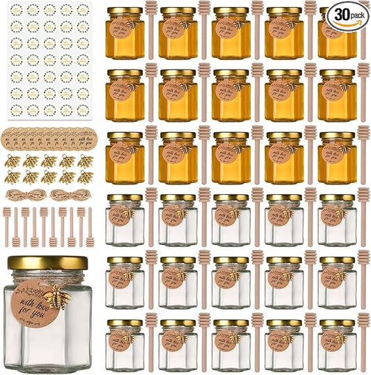 3 oz Mini Honey Jars with Dipper, 30 Pack Glass Hexagon Honey Jar for Baby Shower, Empty Glass Jars for Wedding Favors and Party
