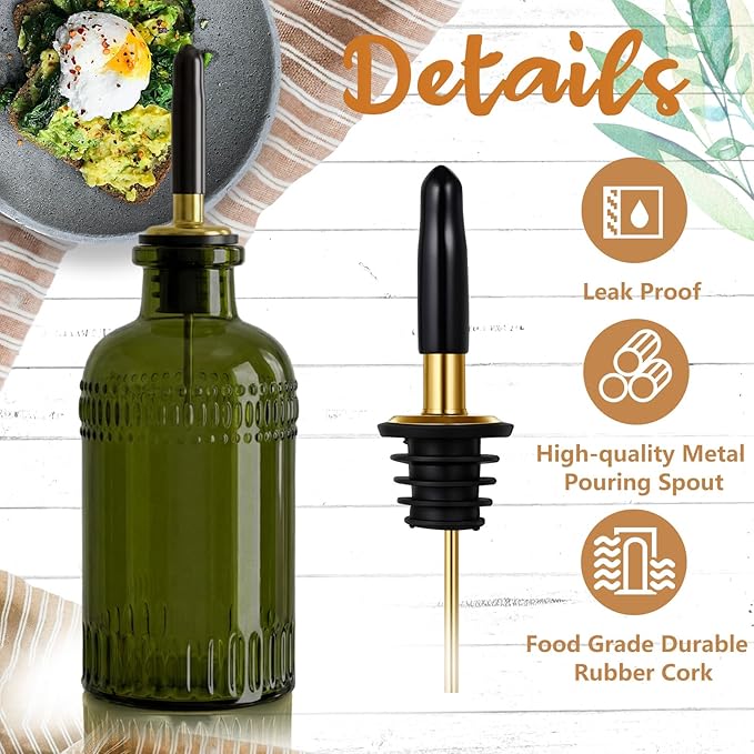 3 Pack Olive Oil Dispenser 7oz, Olive Green Glass Bottle with Metal Spout and Lid, Vinegar Cruet Kitchen Small Oil for Cooking, Salad, Baking (Elegant)