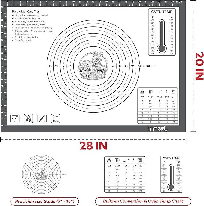 ThreadNanny Silicone Baking Pastry Mat Extra Large 28x20 - Non-Stick Non-Slip Rolling Mat for Dough with Measurements - Bread, Pizza, Pie Crust, Cookies, Fondant - Oven Safe, Dishwasher Safe (Grey)