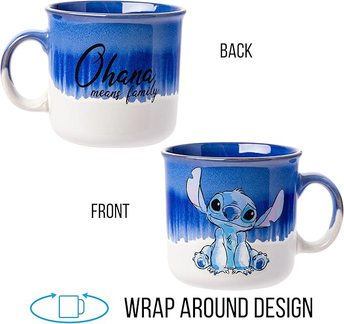 Silver Buffalo Disney Lilo and Stitch Ohana Means Family Reactive Glaze Ceramic Camper Mug, 20 Ounces