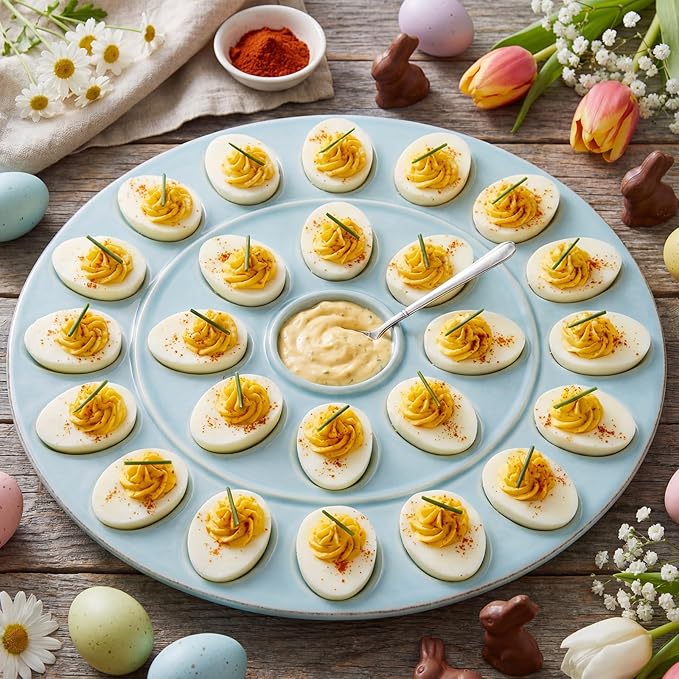 Ceramic Easter Deviled Egg Platter 13 Inch Robin Egg Blue Easter Eggs Tray 24 Holes Deviled Eggs Holder for Spring Holiday Festival Party Favors