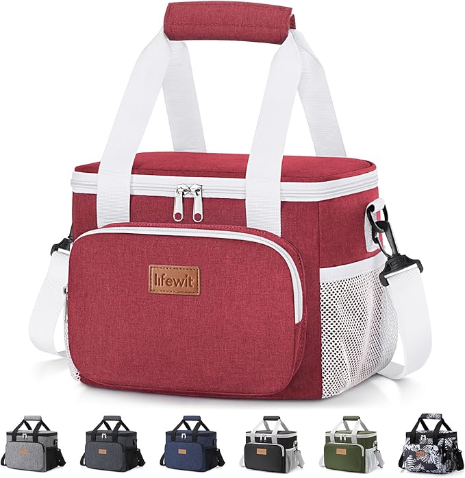 Lifewit Medium Lunch Bag Insulated Lunch Box Soft Cooler Cooling Tote for Adult Men Women, White and Red12-Can (9L)
