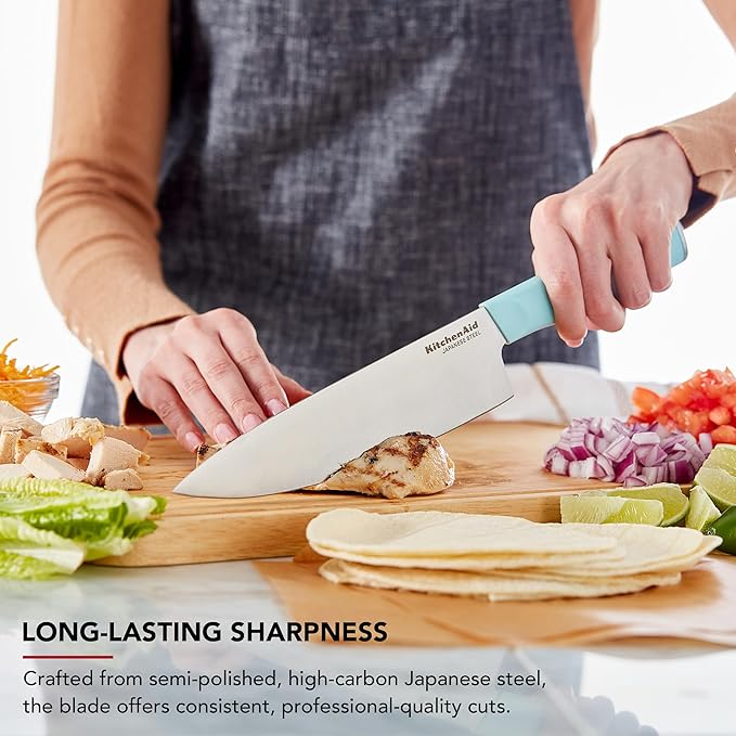 KitchenAid Classic Chef Knife with Custom-Fit Blade Cover, Sharp Kitchen Knife, High-Carbon Japanese Stainless Steel Blade, 8 Inch, Blue