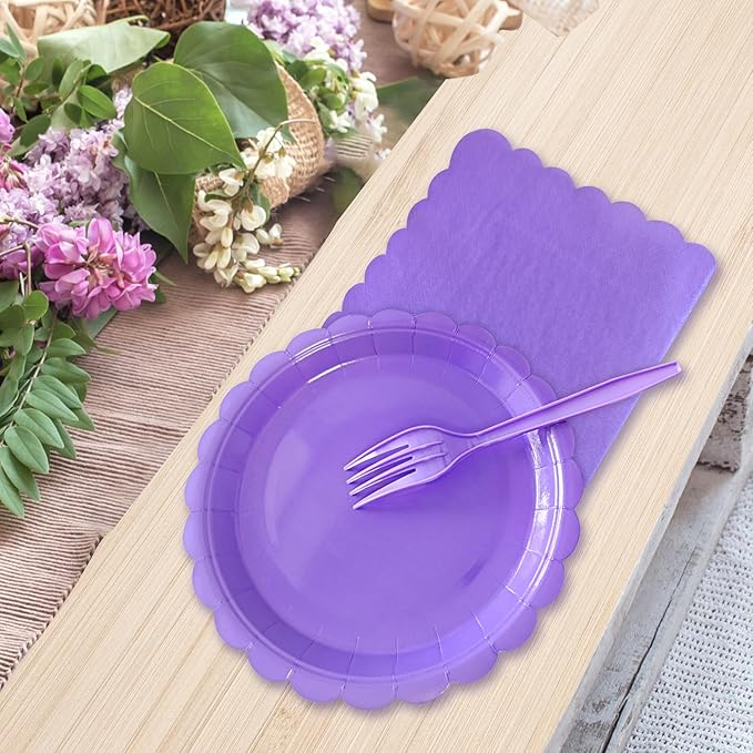 Lavender Paper Plates and Napkins,7 Inch Light Purple Scalloped Disposable Dessert Plates Paper Napkin Fork Party Supplies for Wedding Baby Shower Birthday(25 Guest)