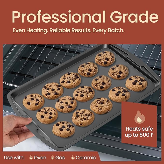 Bakken Swiss Cookie Sheet 3 Piece Set - Non-Stick, Stackable Baking Pans, Gray Deluxe Ceramic Coating – Dishwasher Safe - for Home Baking
