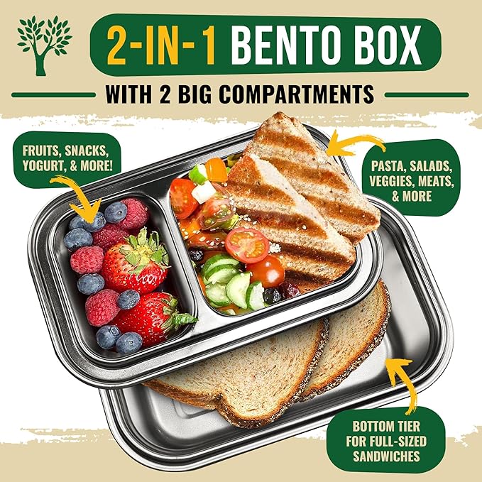 Stainless Steel Bento Box, BPA-Free Lunch box with Snack Pods & Crack-Resistant Lunch box Containers for Adults & Kids with snap locks - Perfect for School and Office