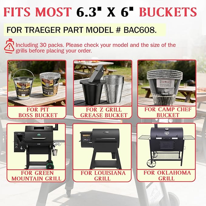 30 Pack BAC608 Grease Bucket Liner for Traeger Timberline and Timberline XL Drip Tray Liner, Traeger Flatrock Accessories Grease Bucket Liner, Traeger Lronwood, Lronwood XL Accessories Drip Tray Liner