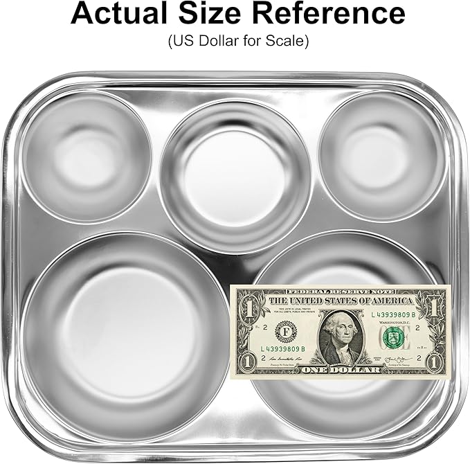 Korean Stainless Steel Divided Plates for Adults, Teens, Premium 304, Electro-Polished, No Black Residue, BPA-Free, Large 5-Compartment Food Tray, Diet Portion Control, Camping, Set of 2