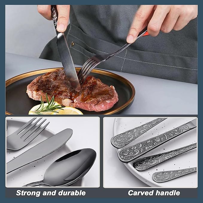 Runfly Vintage Carved Black Stainless Steel 20 Pieces Flatware Set, Black Silverware Set, Modern Embossed Cutlery Set Utensils Including Fork Spoon and Knife