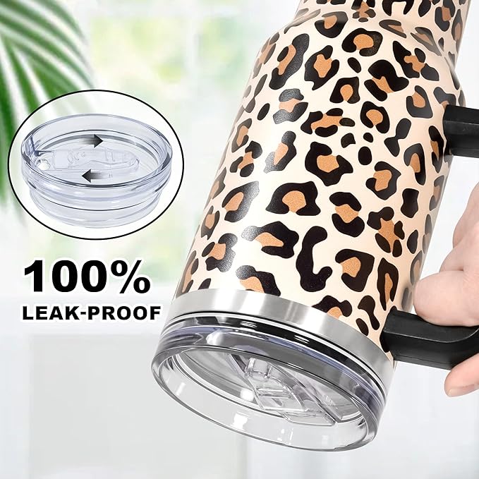 40 oz Tumbler with Handle and Straw, 100% Leak-Proof Travel Mug, Stainless Steel Double Wall Vacuum Insulated Coffee Cup Keeps Cold For 34 Hours, Cheetah