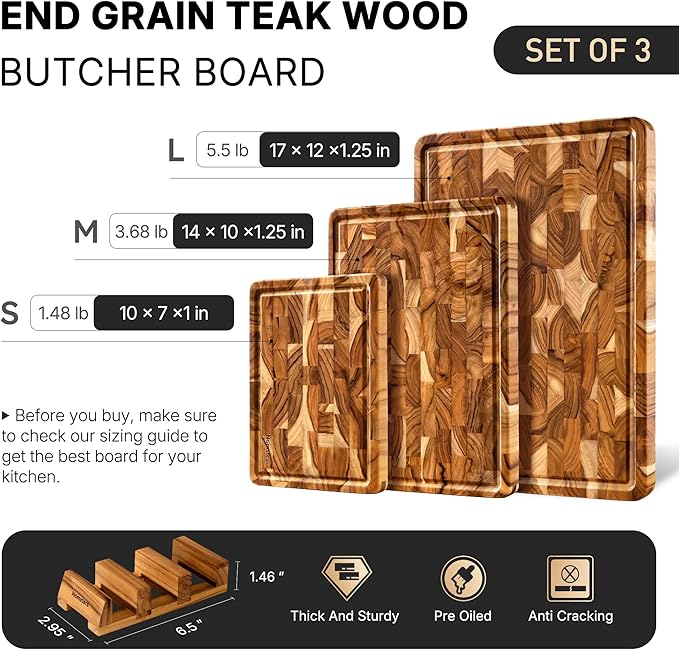 Teak Wood End Grain Cutting Board Set of 3 with Non-slip Feet, Reversible Cutting Boards for Kitchen with Juice Grooves and Handles Non Toxic Chopping Board Butcher Block Serving Tray Kitchen Sets