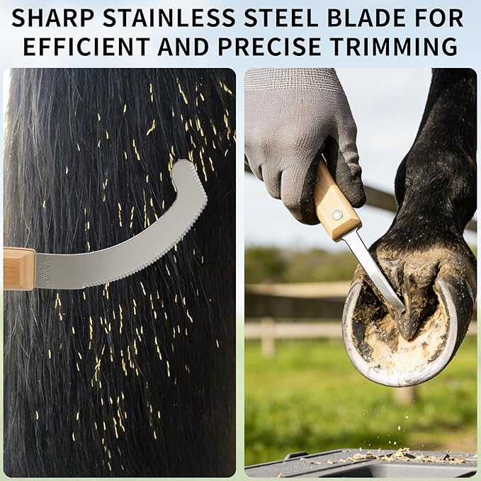 Double Edged Hoof Knife and Bot Egg Knife Set, Stainless Steel Blade with Ergonomic Wooden Handles Professional Equine Care Tools for Horses, Cattle, Goats, and Farm Livestock