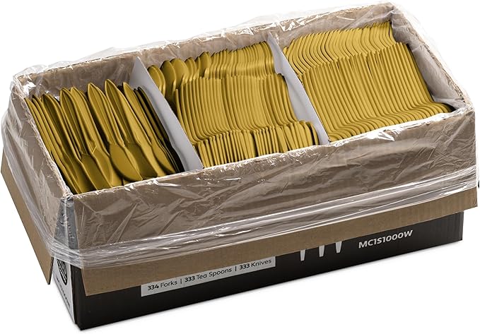 1000 Count Gold Silverware Set, 334 Forks, 333 Spoons, 333 Knives, Medium Weight BPA Free Disposable Plastic Cutlery Set, Bulk Combo Pack Flatware Set for Party Supplies