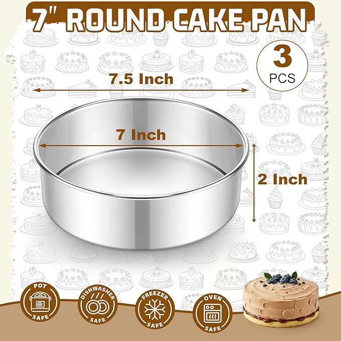 E-far 7 Inch Cake Pan Set of 3, Stainless Steel Round Baking Pans Tins for Layer Birthday Wedding Cakes, Dishwasher & Oven Safe, Healthy & Non-toxic, Leak Proof & Mirror Polished
