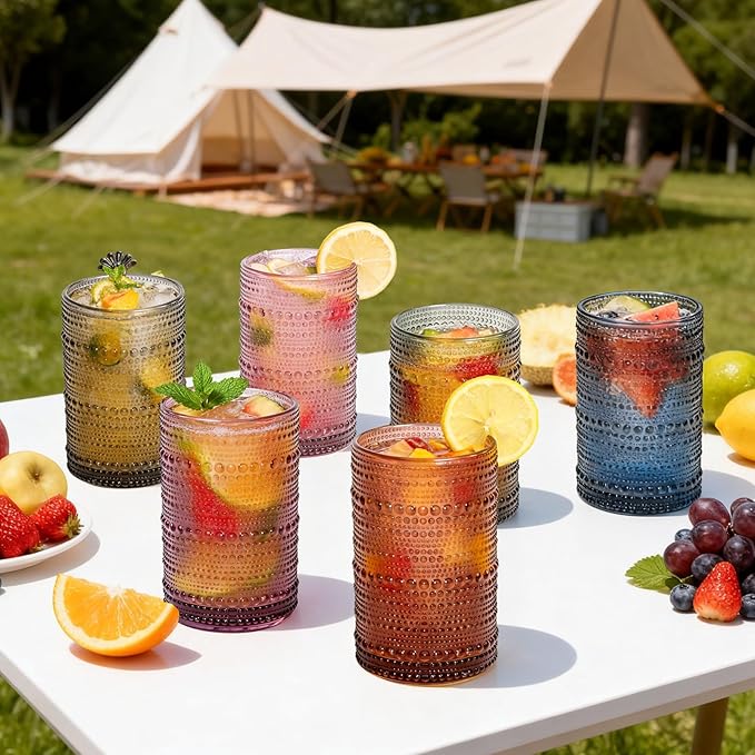 Colored Hobnail Drinking Glasses Set of 6, 12oz Vintage Kitchen Glassware, Embossed Design Water Glasses, Glass Cups, Water Tumbler for Beer, Juice, Cocktail, Whiskey, Milk