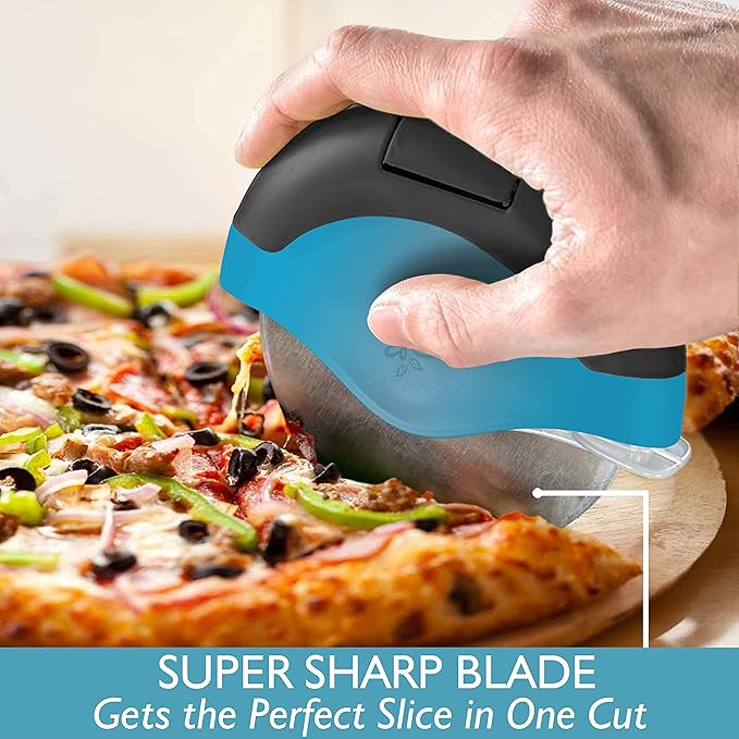 Blue Pizza Cutter Wheel with Protective Blade Cover, improved, Super Sharp, Easy To Use and Clean, Slicer, Ergonomic Rubberized Grip, heavy dutty, Stainless Steel, Dishwater Safe