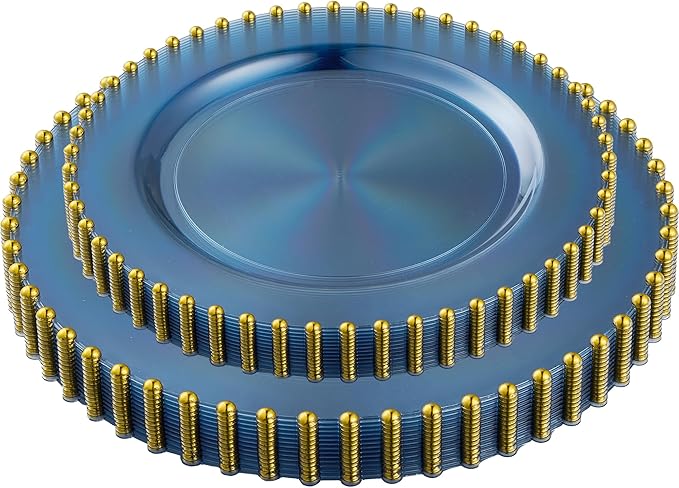PLASTICPRO 32 Piece Combo Plastic Dinner Plates Disposable Plastic Fancy Heavy Duty Party Dishes 7 inch and 10 inch, Translucent Blue and Gold Beaded