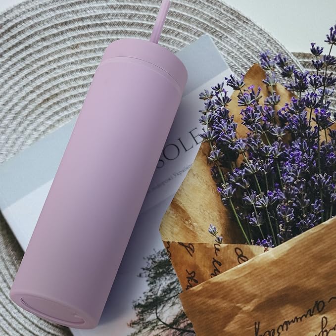 sweet grain Skinny Tumblers with Lids and Straws(6 Pack) - 16oz Matte Pastel Colored Skinny Acrylic Tumblers, Double Wall Plastic Tall Skinny Tumblers Bulk for Cold Hot Drinks - Purple