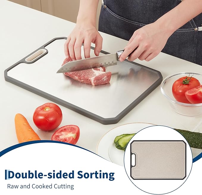 Garvee Stainless Steel Cutting Board for Kitchen, Double Sided Chopping Board with Deep Juice Groove & Handle, Stainless Steel/PP, Dishwasher Safe, 15x10 Inch (15.2"L x 10.5"W)