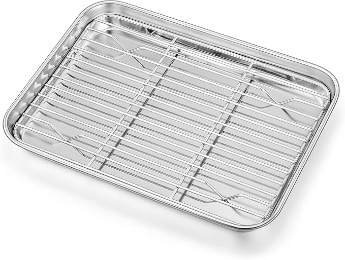 Homikit Baking Sheet with Wire Rack(1 Pan + 1 Rack), 9 x 7 Inches Stainless Steel Small Baking Pan with Cooling Rack, Mini Metal Cookie Bacon Tray for Toaster Oven Baking, Rust Free & Dishwasher Safe