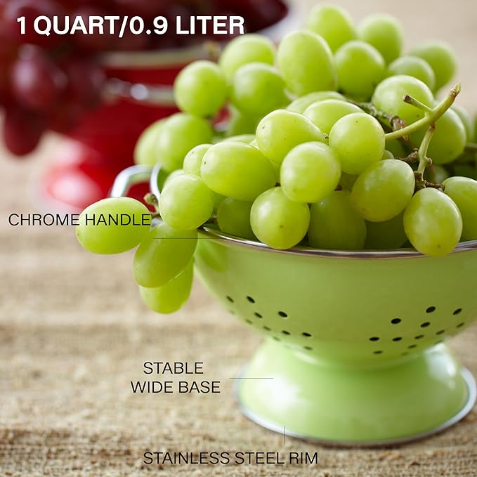 Reston Lloyd, 1 Quart Powder Coated Steel Kitchen Strainer Basket for draining Pasta, Vegetable and Fruit, Chrome Handles and Wide Stable Base, Indigo