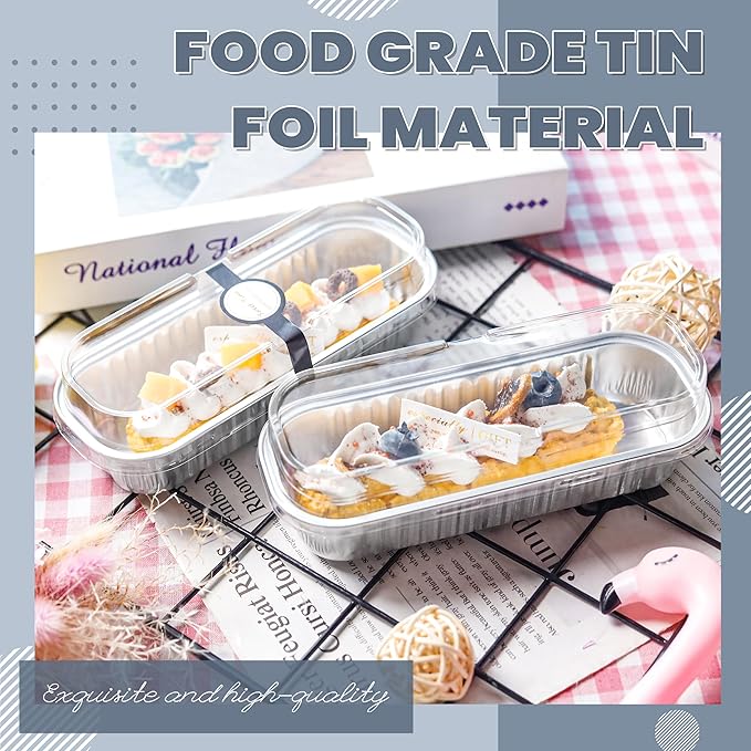 Mini loaf pans with lids Rectangle Aluminum Foil Cake Tins Baking Pans for Wedding Birthday Party 6.8oz(Silver, 50Pack)