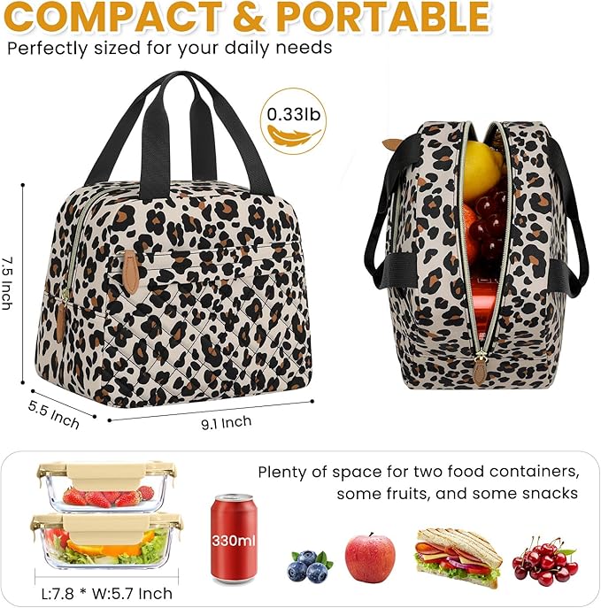 Insulated Lunch Bag for Women, Portable Lightweight Lunch Box for Adults, Reusable Small Lunch Tote Cooler Bags with Front Zipper Pocket for Work School Picnic(Leopard)