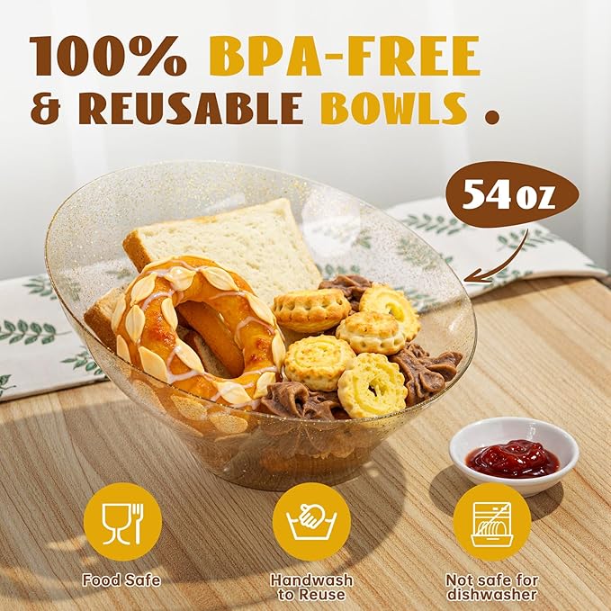 Liacere 16PCS Gold Plastic Serving Bowls - 54 OZ Angled Table Salad and Fruit Bowls Disposable for Chip & Candy - Ideal for Party & New Year