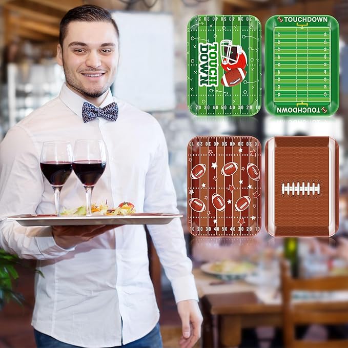 4 Pcs Melamine Serving Trays Platters Snack Trays Reusable Rectangle Platters for Sports Game Day Flower Tea Party Food Dessert Cookies Serving Plates Supplies, 13 x 9.7 Inch(Football)