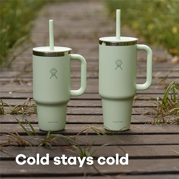 Hydro Flask Travel Tumbler with Handle, Lid and Straw - Insulated Stainless Steel in 32 Oz Oat Tan