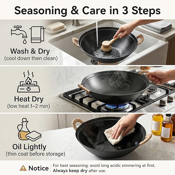 WANGYUANJI Cast Iron Wok Pan with Lid, 13.4 Inch Flat Bottom Large Deep Stir Fry Skillet, Heavy Duty Traditional Chinese Iron Pot for 3-5 People, Induction & Gas Ready