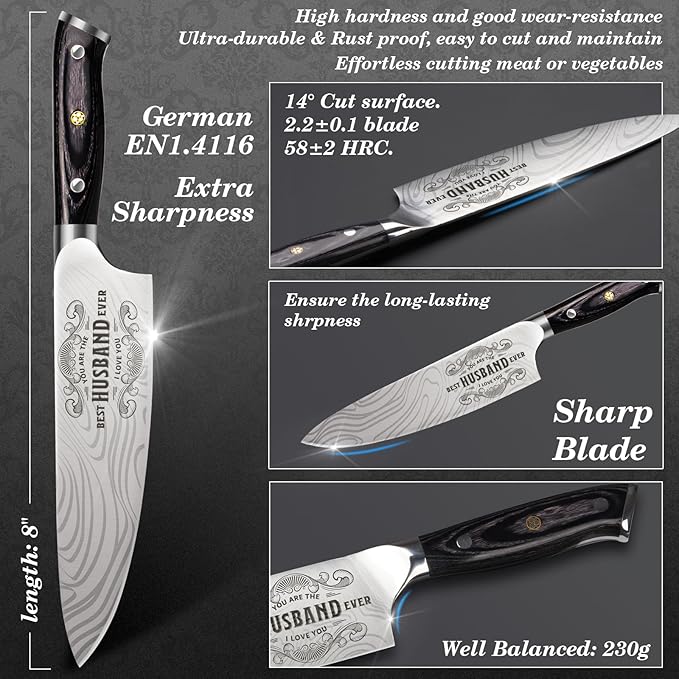 Gifts for Men Him Husband, 8 inch Professional German 1.4116 Chef Knife, Engraved Best Husband Ever Knife Gift, Easter Anniversary Birthday Gift for Men, Husband Him Gifts