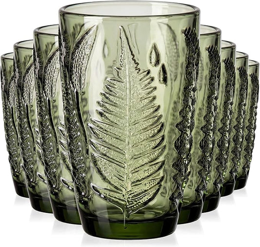 Vintage Green Drinking Glasses Set of 8, 12 oz Hand-Pressed Green Glass Tumblers, Deep Fern Embossed Antique Colored Glassware, Boho Style Textured Highball Cups, Retro Drinkware Gift Set for Home Bar