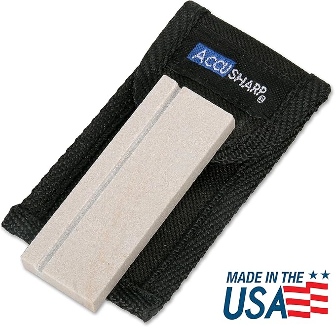AccuSharp Pocket Stone Sharpener with Pouch, 3 Inch Dual-Sided Sharpening Stone for Knives, Fish Hooks, Camping, Hunting Knives, Restores, Repairs & Hones Blades, Natural