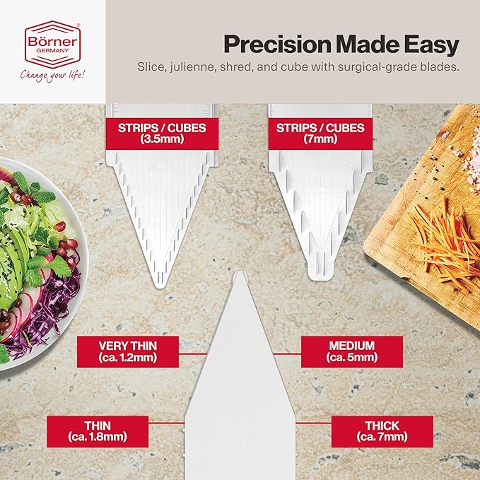 Swissmar Börner VPower V-Slicer Mandoline – Professional Kitchen Tool with Adjustable Thickness – Precision Food Slicer for Vegetables, Julienne, Shredding – Includes Safety Holder & Inserts - White