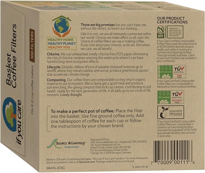 If You Care Unbleached Coffee Filters, Basket Style, 8 Inch – Chlorine-Free, Compostable, FSC Certified (100 Count)