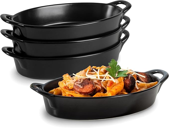 Oval Au Gratin Baking Dishes for Oven Safe and Microwave Cooking and Baking, 4 Pc. Set, Heat Resistant Ceramic with Handles for Serving, Small Mini Casserole Dish, 8" x 5", 16 oz, Matte Black