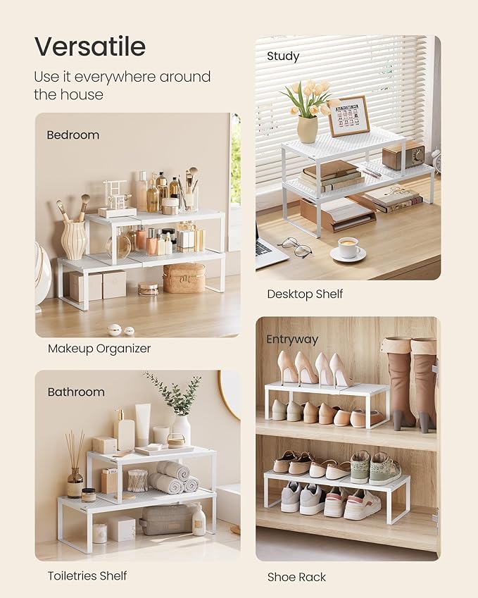 SONGMICS Spice Rack, Expandable Kitchen Countertop Shelf, Small Cupboard Organizer, Metal, Space-Saving Tabletop Shelf, Matte White UKCS007W01