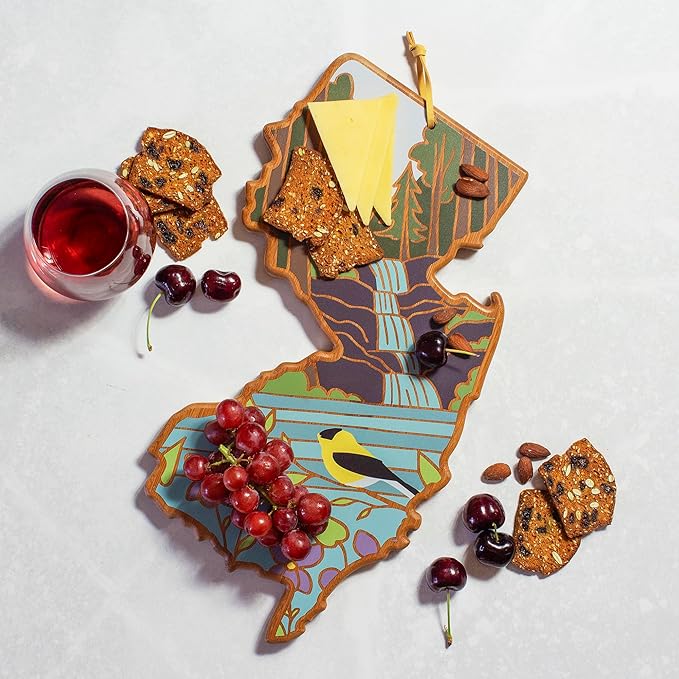 Totally Bamboo New Jersey State Shaped Cutting Board and Charcuterie Serving Platter with Artwork by Summer Stokes, Includes Hang Tie for Wall Display