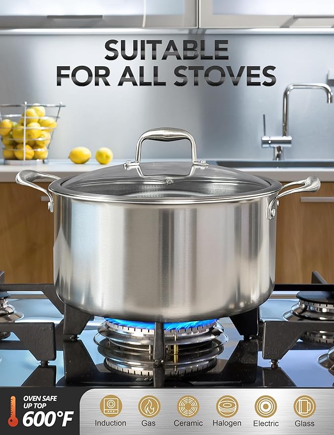 MICHELANGELO Tri-ply Stainless Steel Stock Pot, Heavy Duty Stockpot with Lid, Nonstick Cooking Pot with Honeycomb Interior, Induction Ready, 10 Quart